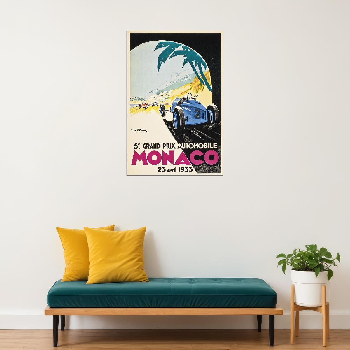 1933 Monaco Blue Race Car Vintage Style Grand Prix Racing Poster Wall Art Print Home Wall Decor