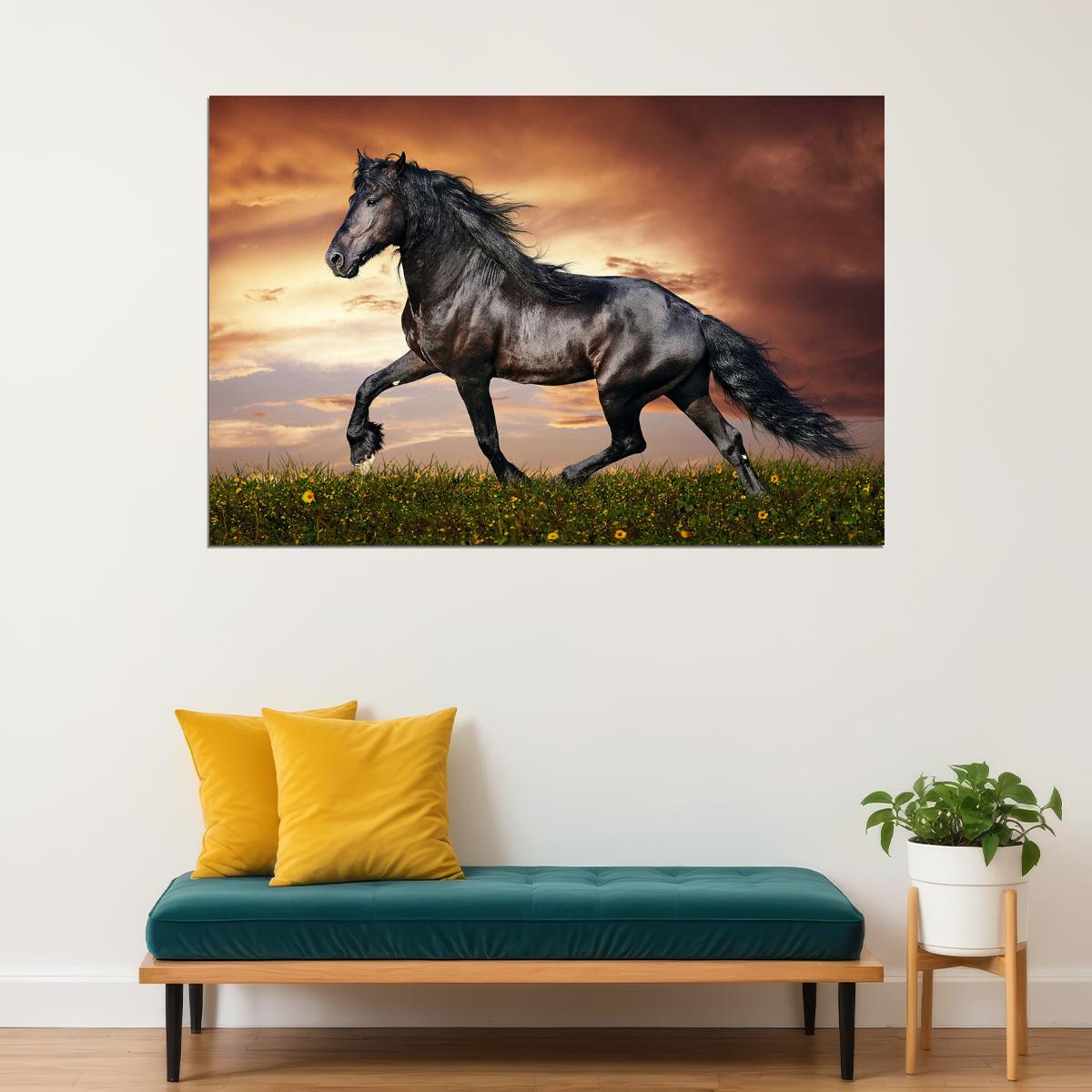 Black Horse Running Animals Mammal Poster Wall Art Print Home Wall Decor - xonomax