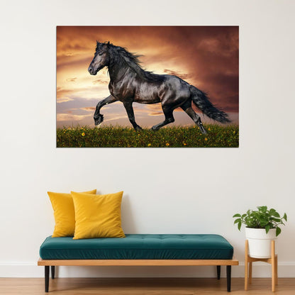 Black Horse Running Animals Mammal Poster Wall Art Print Home Wall Decor - xonomax