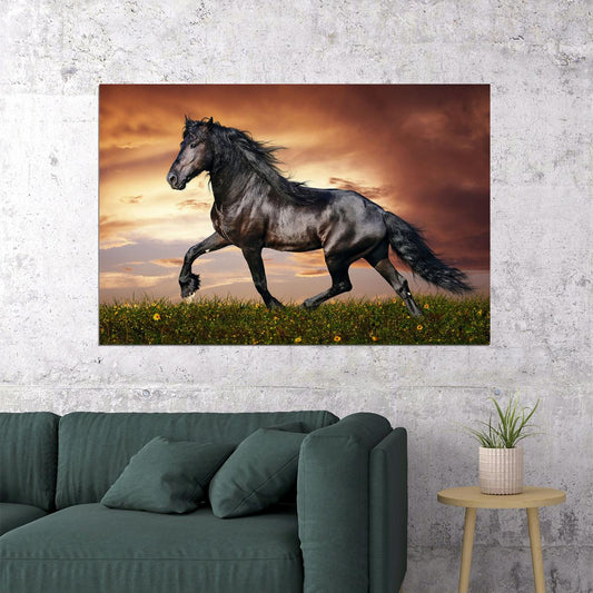 Black Horse Running Animals Mammal Poster Wall Art Print Home Wall Decor - xonomax