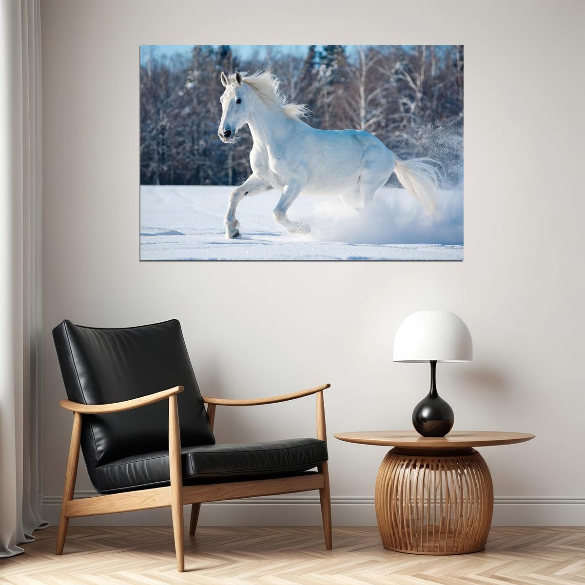 White Horse Running Snow Animals Mammal Poster Wall Art Print Home Wall Decor - xonomax