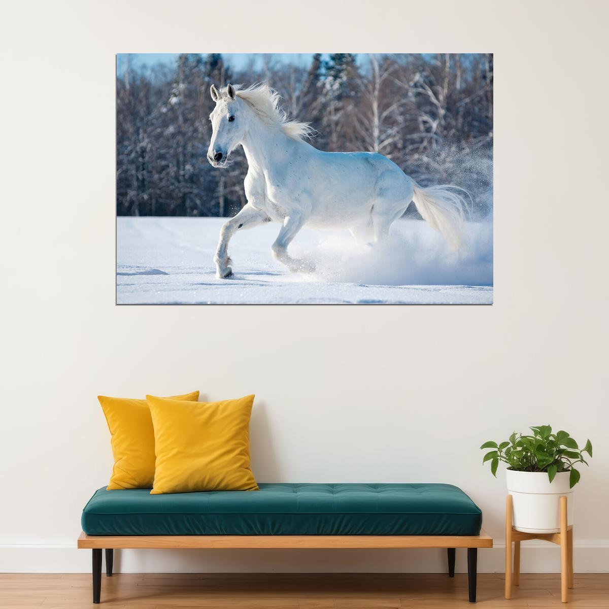 White Horse Running Snow Animals Mammal Poster Wall Art Print Home Wall Decor - xonomax