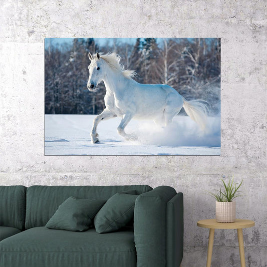 White Horse Running Snow Animals Mammal Poster Wall Art Print Home Wall Decor - xonomax