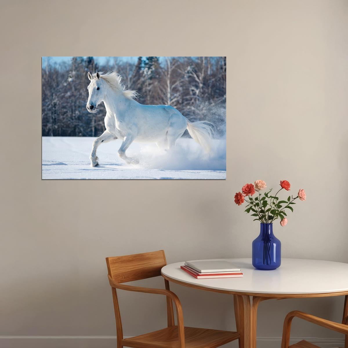 White Horse Running Snow Animals Mammal Poster Wall Art Print Home Wall Decor - xonomax