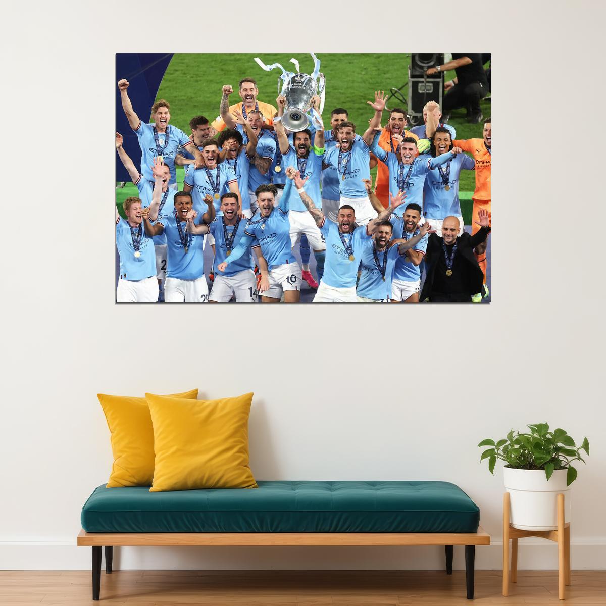 Manchester Champions League Winners Cup Joy Poster Wall Art Print Home Wall Decor - xonomax