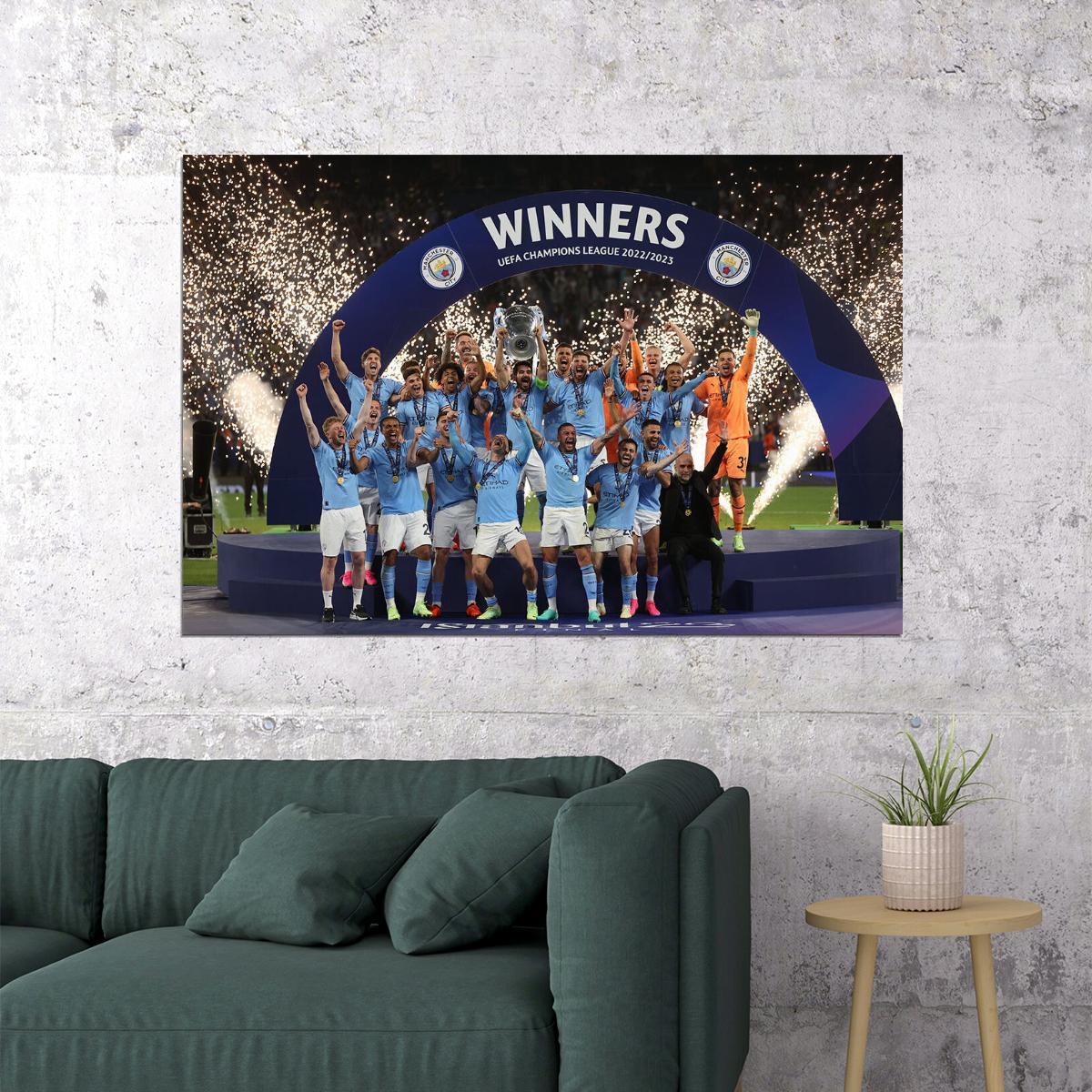Manchester Champions League Winners Raising Cup Poster Wall Art Print Home Wall Decor - xonomax