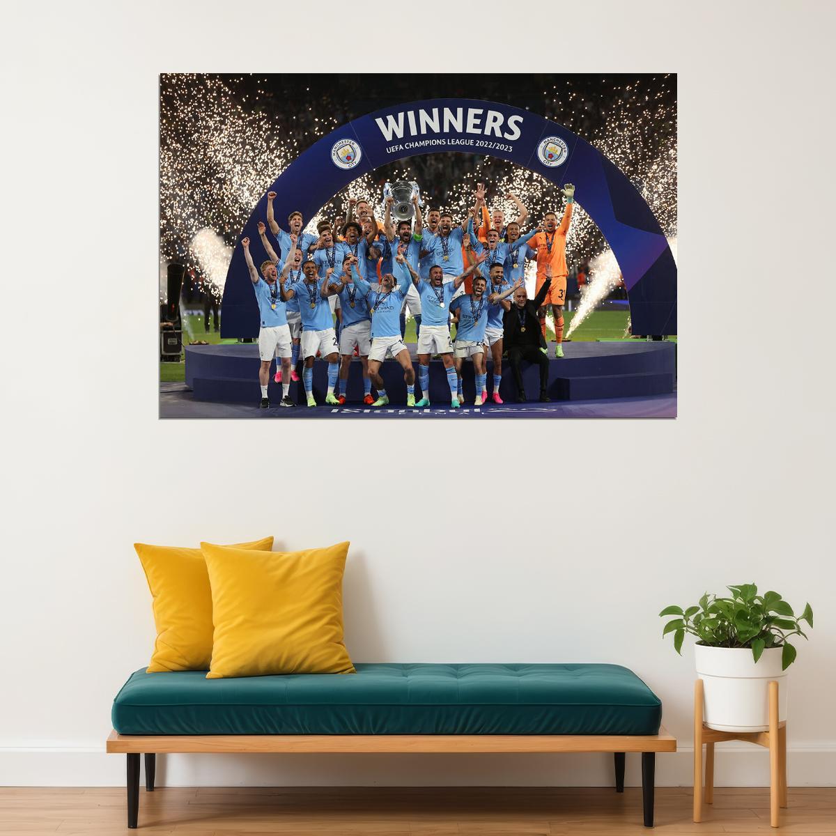 Manchester Champions League Winners Raising Cup Poster Wall Art Print Home Wall Decor - xonomax