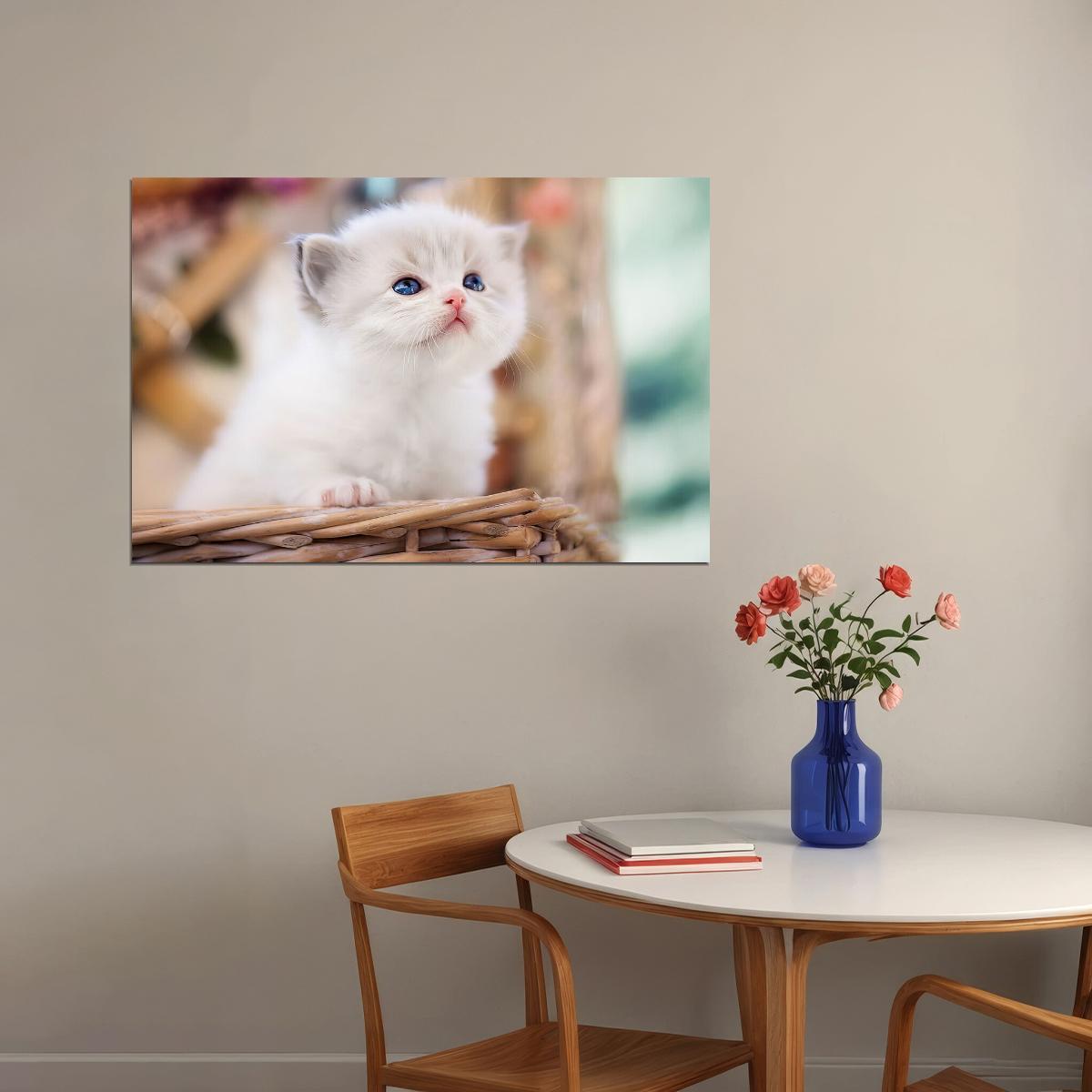 Cute White Cat In Basket Kitten Animals Poster Wall Art Print Home Wall Decor - xonomax