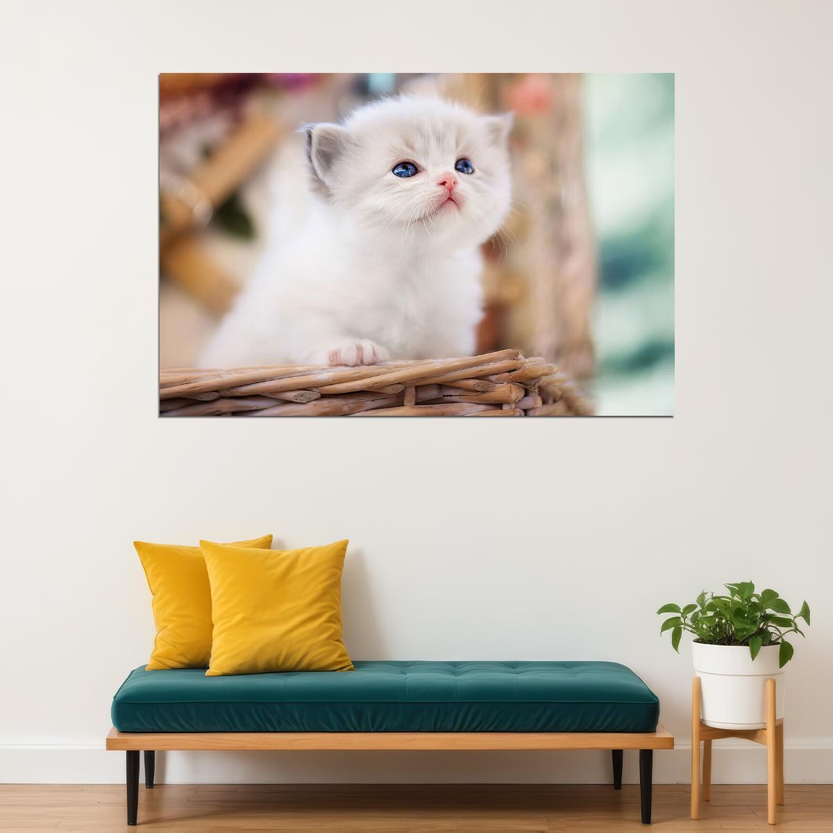 Cute White Cat In Basket Kitten Animals Poster Wall Art Print Home Wall Decor - xonomax