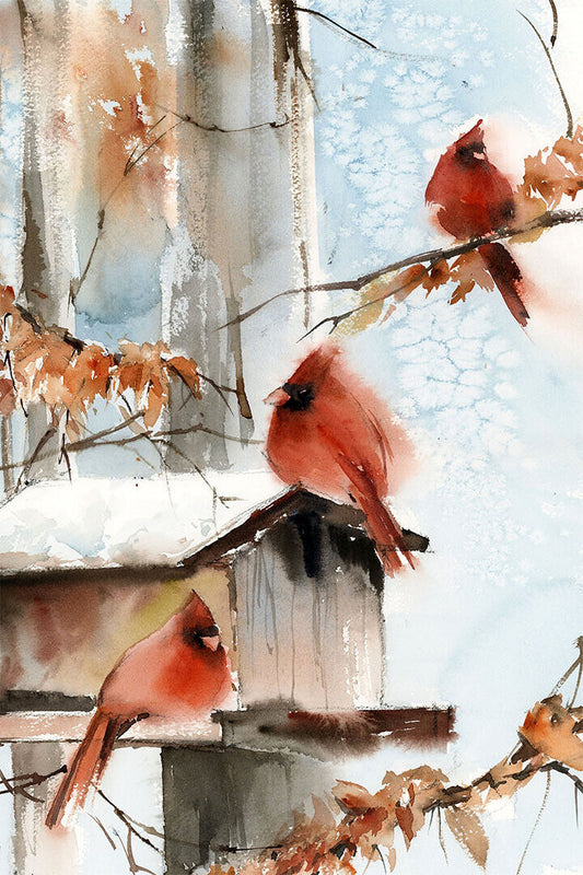 Cardinal Winter Bird Artist Rendition Watercolor Poster Wall Art Print Home Wall Decor - xonomax