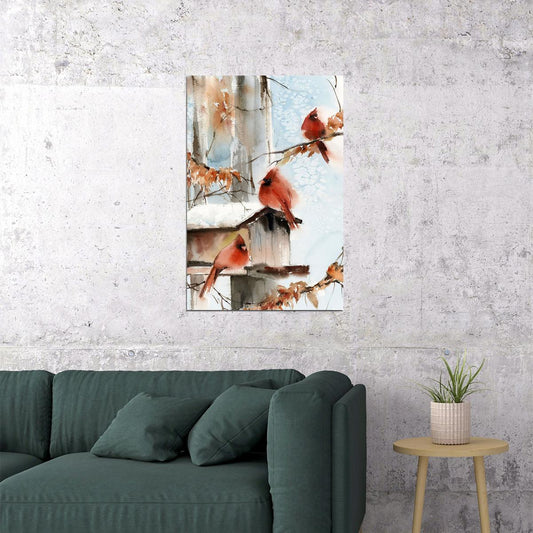 Cardinal Winter Bird Artist Rendition Watercolor Poster Wall Art Print Home Wall Decor - xonomax