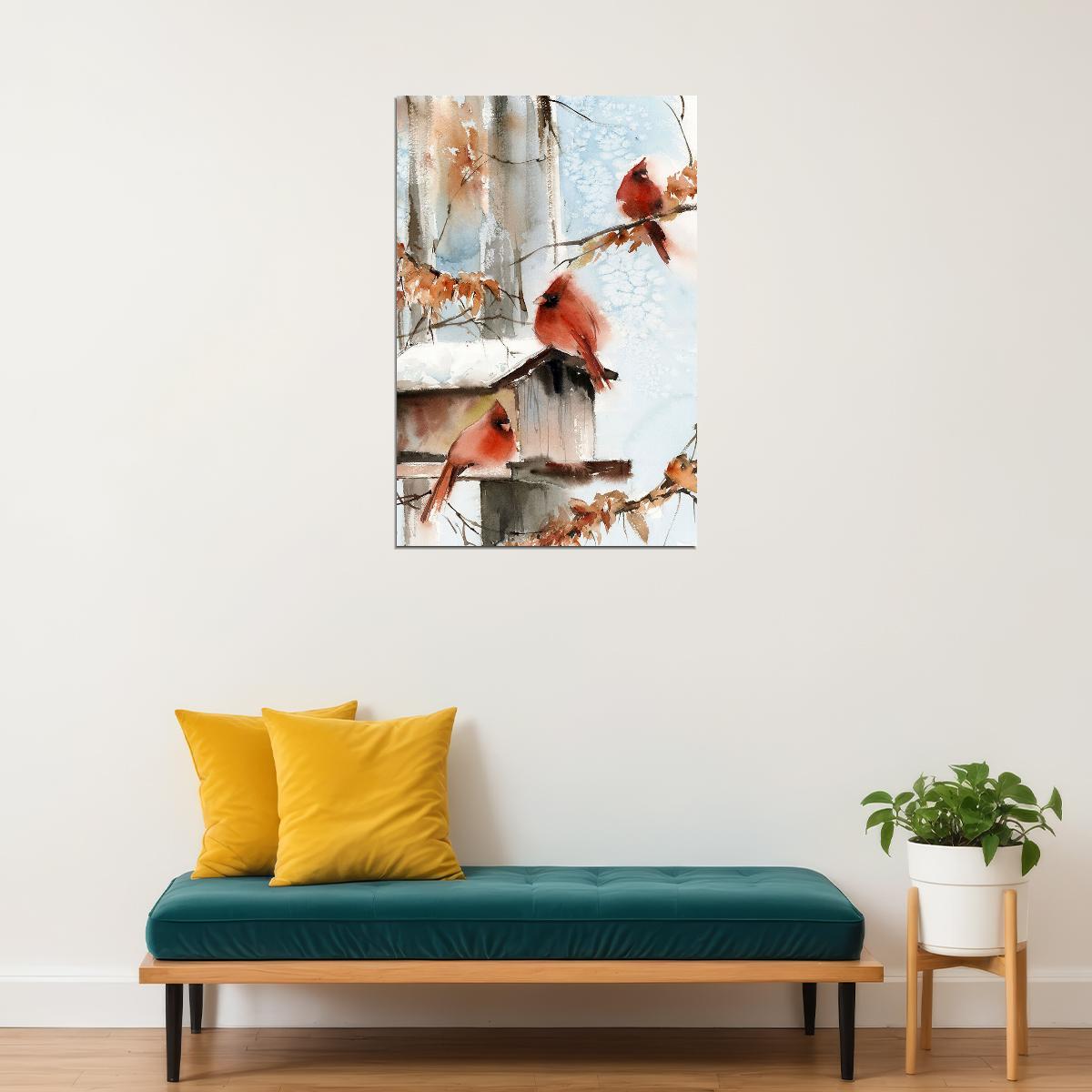 Cardinal Winter Bird Artist Rendition Watercolor Poster Wall Art Print Home Wall Decor - xonomax