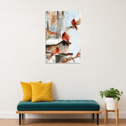 Cardinal Winter Bird Artist Rendition Watercolor Poster Wall Art Print Home Wall Decor - xonomax