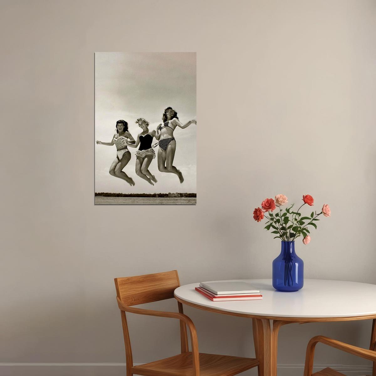 Poster - Girls Jumping Happy Exciting Vintage Poster Wall Art