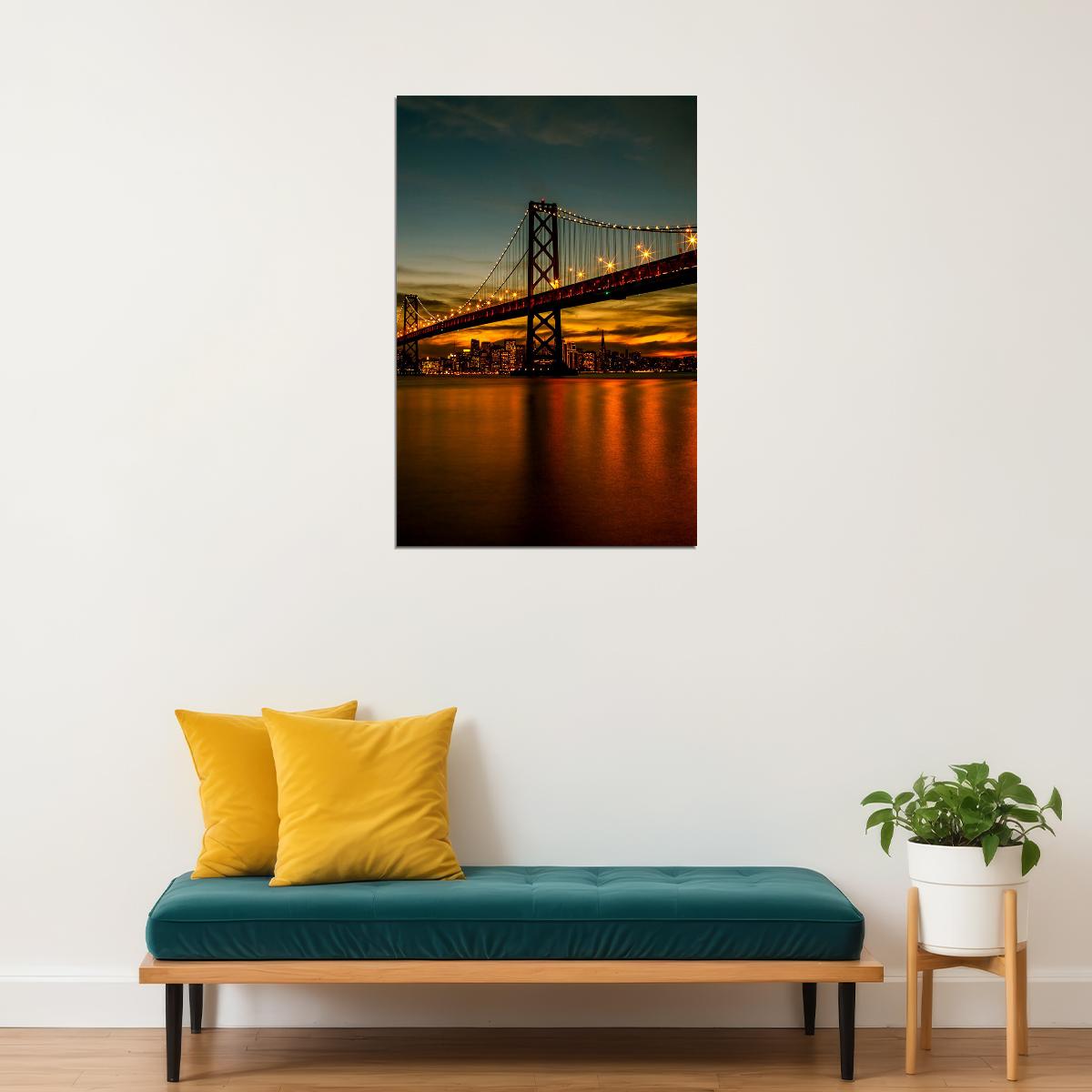 San Francisco Bay Bridge At Night Cityscape Poster Wall Art Print Home Wall Decor