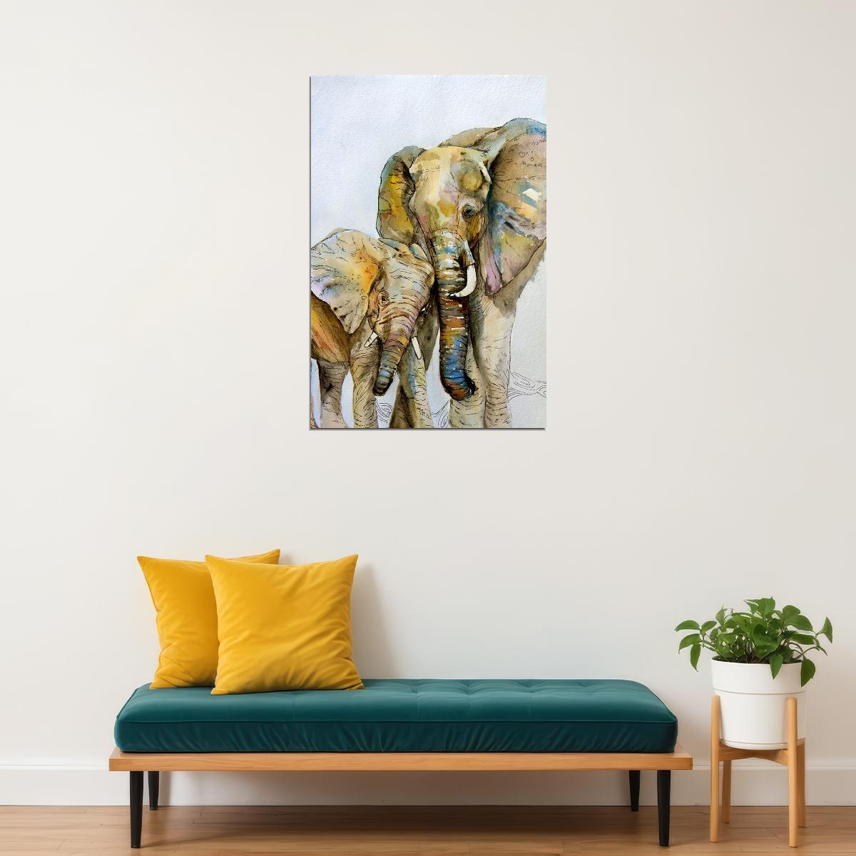 Mother Elephant And Baby Animal Illustration Poster Wall Art Print Home Wall Decor - xonomax