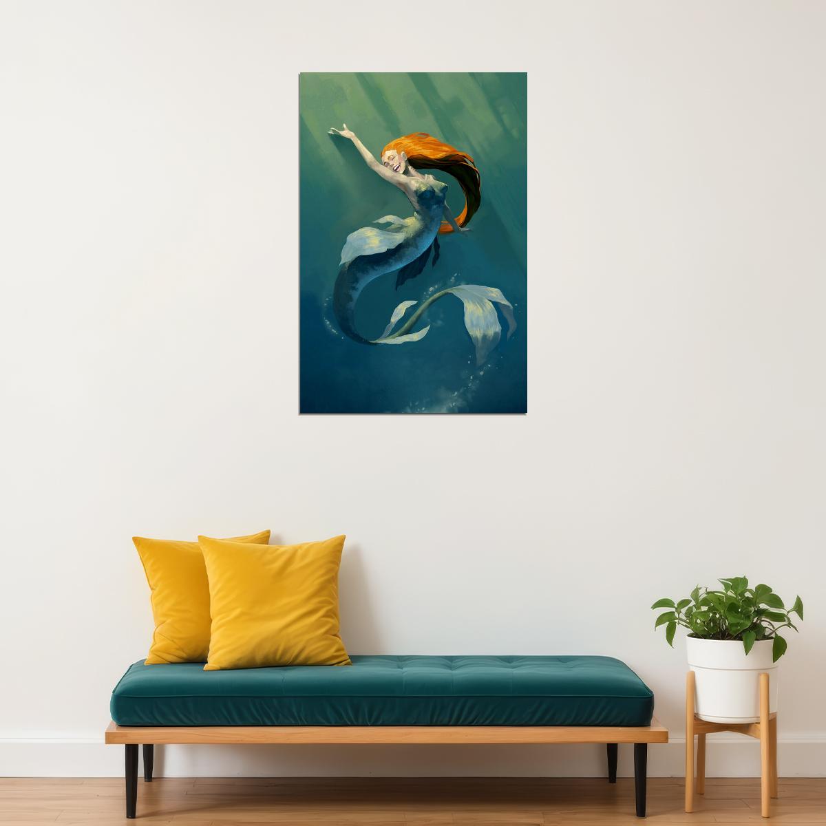Mermaid Laughing In The Sea Drawing Poster Wall Art Print Home Wall Decor - xonomax