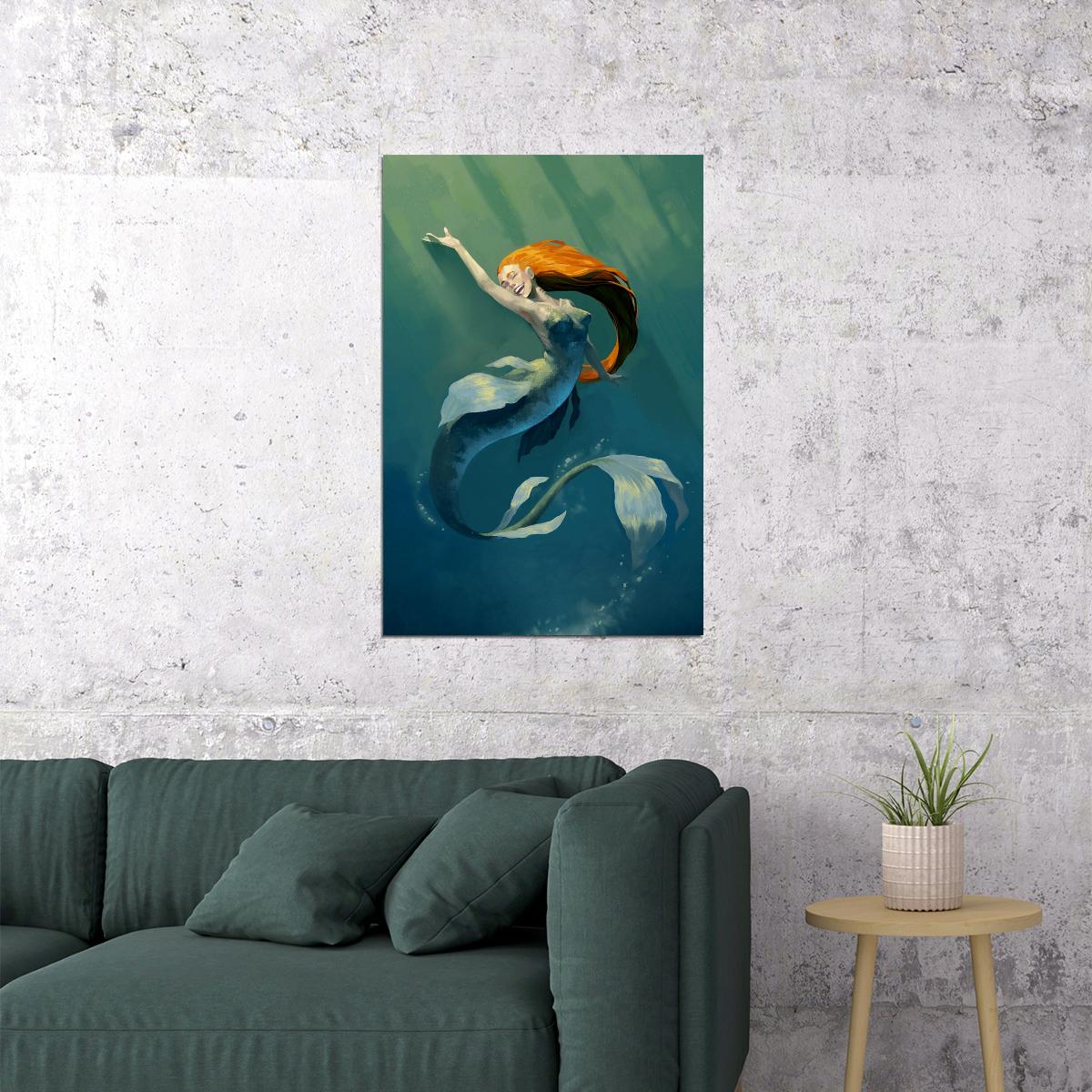 Mermaid Laughing In The Sea Drawing Poster Wall Art Print Home Wall Decor - xonomax