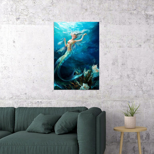 Mermaid In The Sea Design Girl Poster Wall Art Print Home Wall Decor - xonomax
