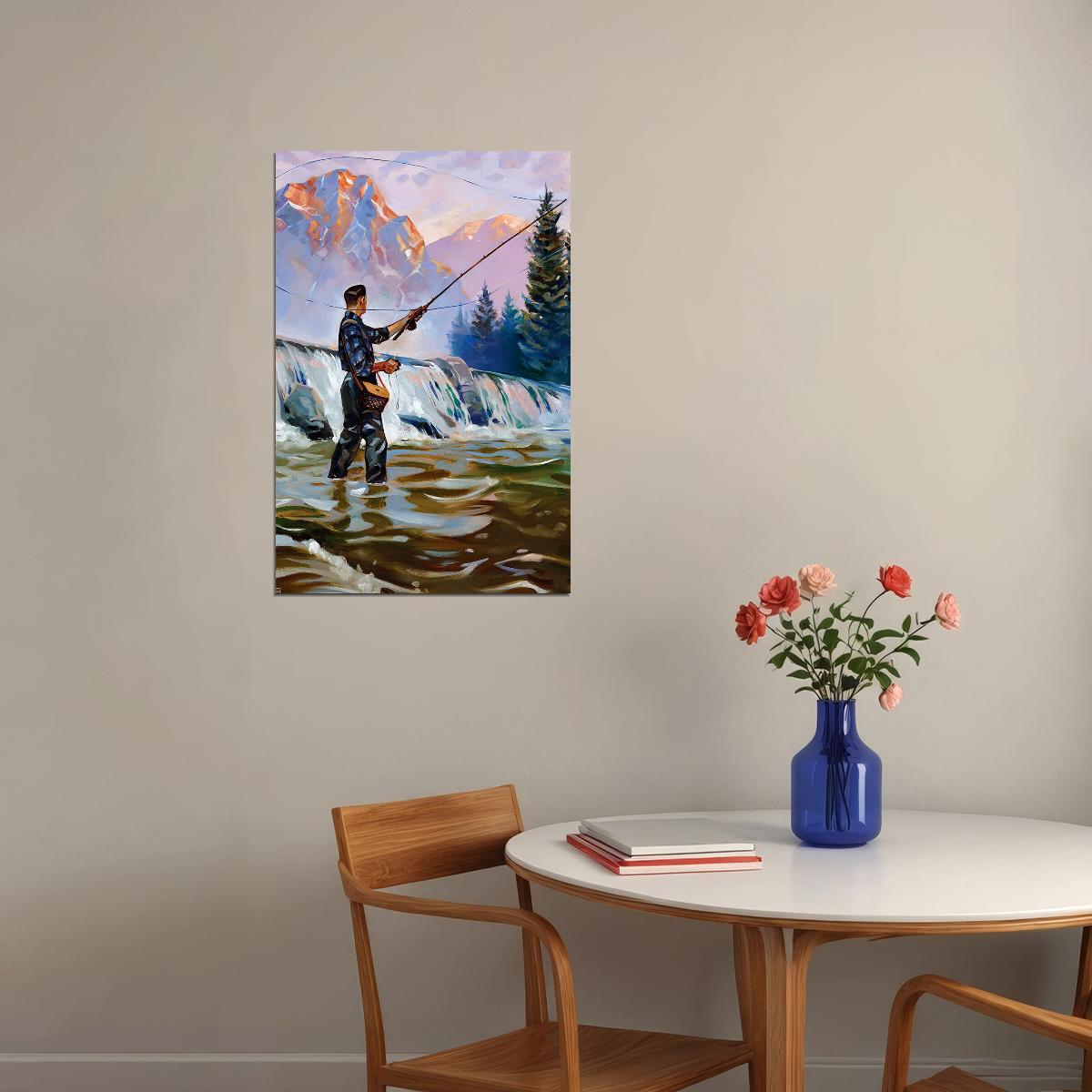 Fishing In Water With Fishing Rod Oil Poster Wall Art Print Home Wall Decor - xonomax