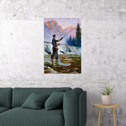 Fishing In Water With Fishing Rod Oil Poster Wall Art Print Home Wall Decor - xonomax