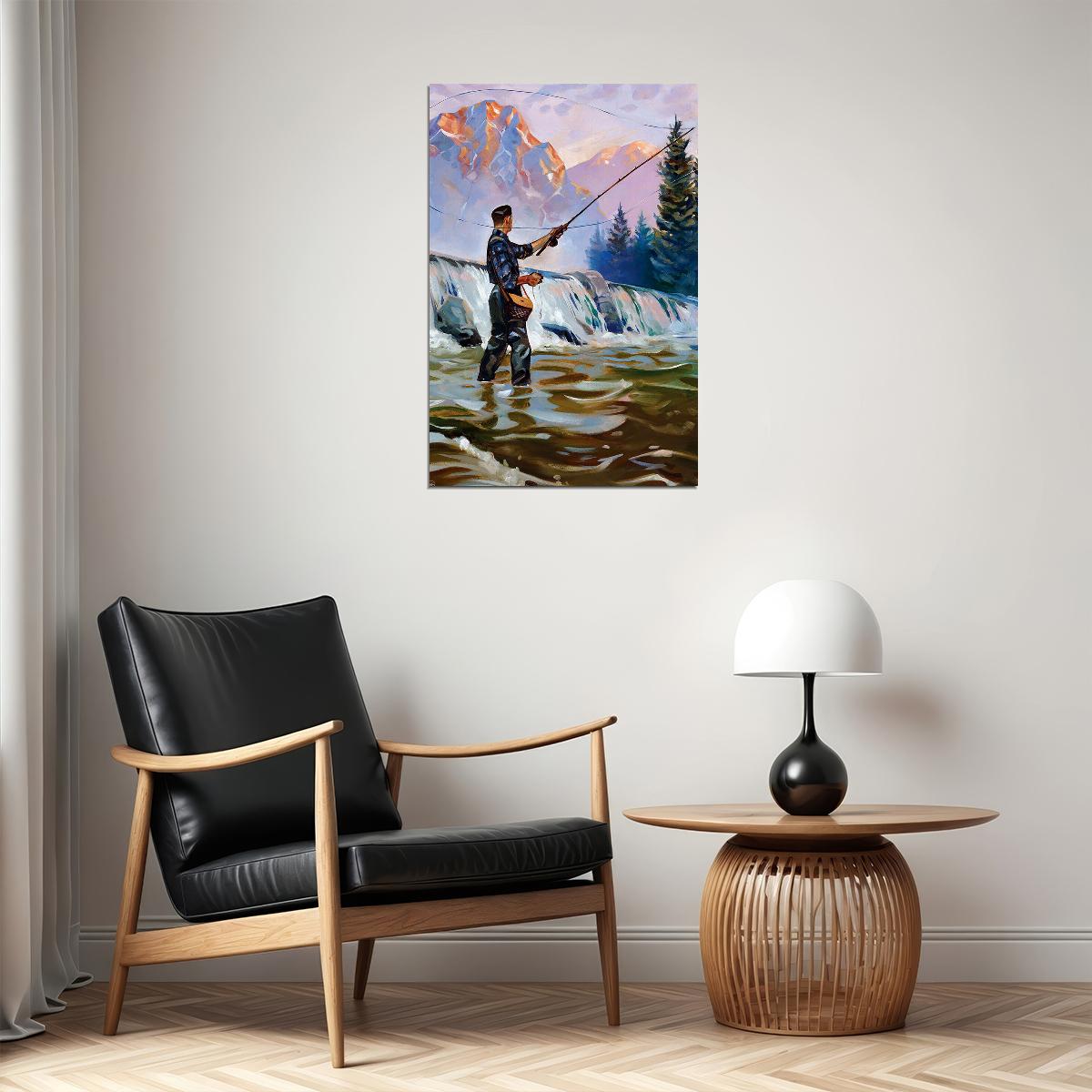 Fishing In Water With Fishing Rod Oil Poster Wall Art Print Home Wall Decor - xonomax