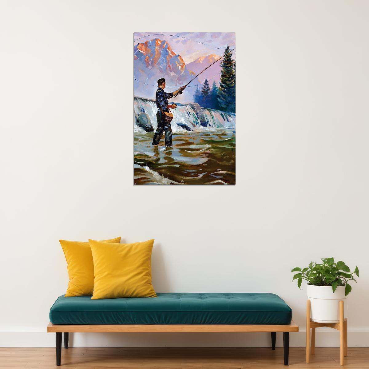 Fishing In Water With Fishing Rod Oil Poster Wall Art Print Home Wall Decor - xonomax