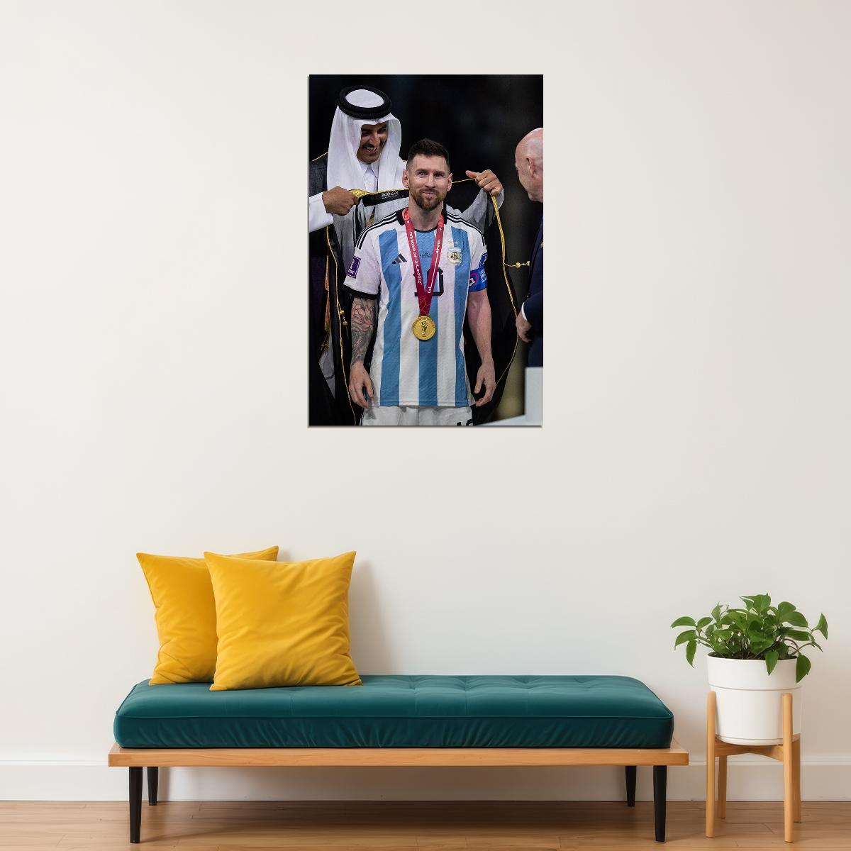 Messi Wearing Cape Trophy Ceremony Argentina Football Soccer Poster Wall Art Print Home Wall Decor - xonomax