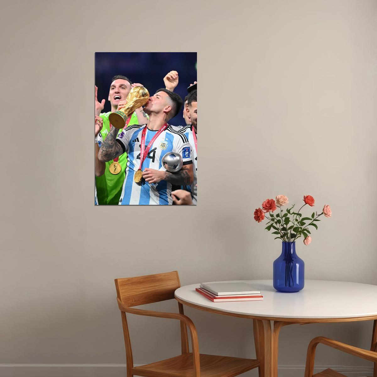 Enzo Fernandez Kissing Soccer Trophy 2022 Football Argentina Poster Wall Art Print Home Wall Decor - xonomax