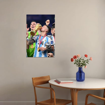Enzo Fernandez Kissing Soccer Trophy 2022 Football Argentina Poster Wall Art Print Home Wall Decor - xonomax