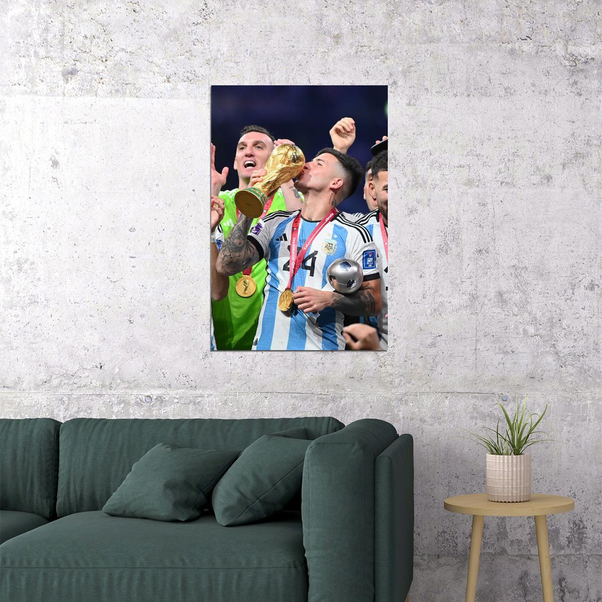 Enzo Fernandez Kissing Soccer Trophy 2022 Football Argentina Poster Wall Art Print Home Wall Decor - xonomax