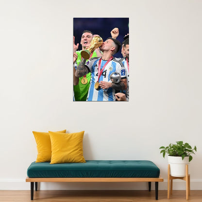 Enzo Fernandez Kissing Soccer Trophy 2022 Football Argentina Poster Wall Art Print Home Wall Decor - xonomax