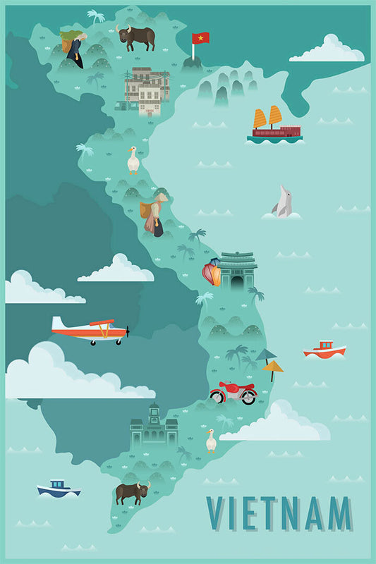 Vietnam Map Landscape Sea Cities Vintage Poster Wall Art Print Home Wall Decor - xonomax