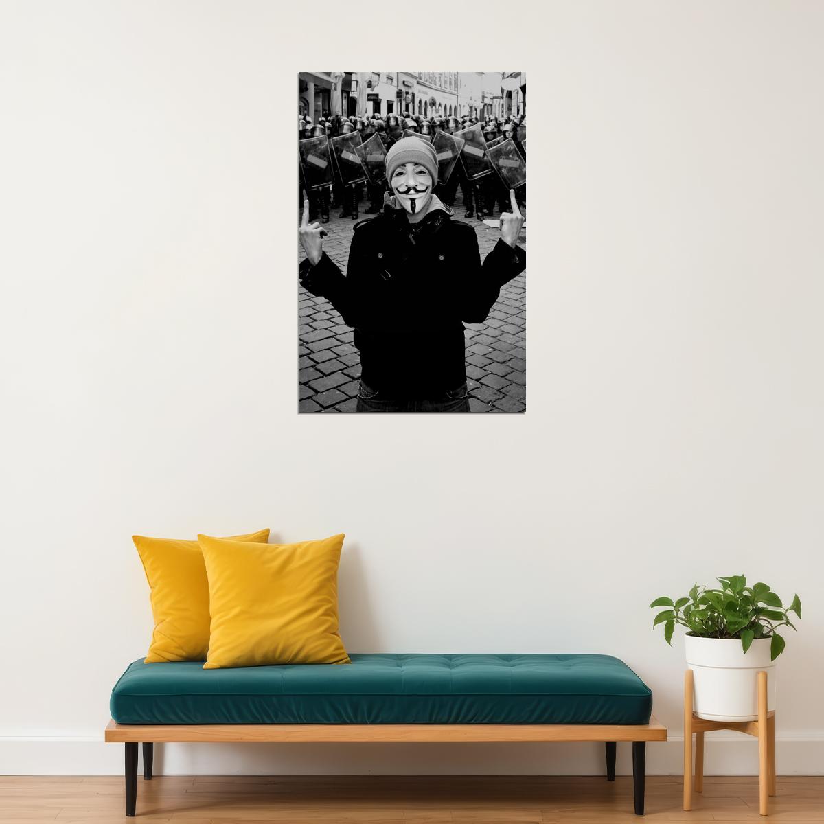Anonymous Vs Police Black And White Poster Wall Art Print Home Wall Decor - xonomax