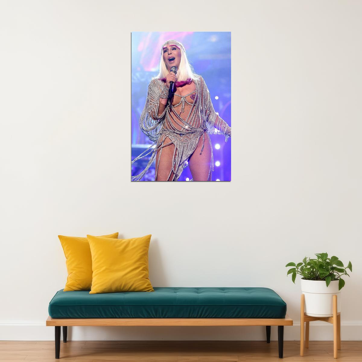 Cher Performing While Wearing War Bonnet Poster Wall Art Print Home Wall Decor - xonomax