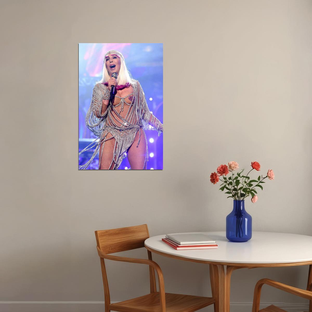 Cher Performing While Wearing War Bonnet Poster Wall Art Print Home Wall Decor - xonomax