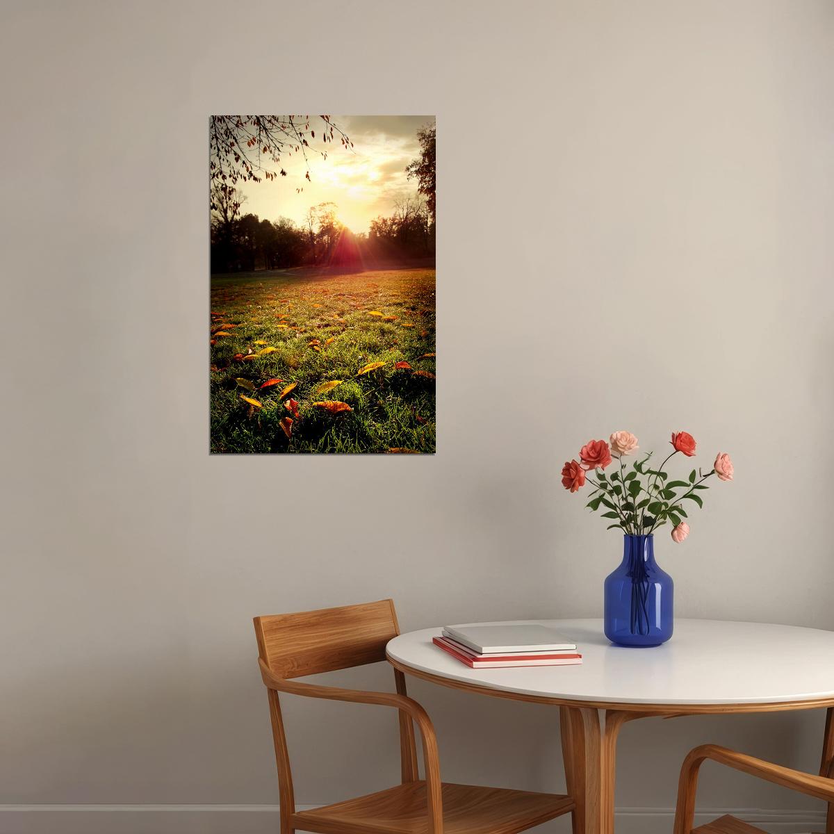 Meadow In Autumn Leaves Sunset Landscape Poster Wall Art Print Home Wall Decor - xonomax