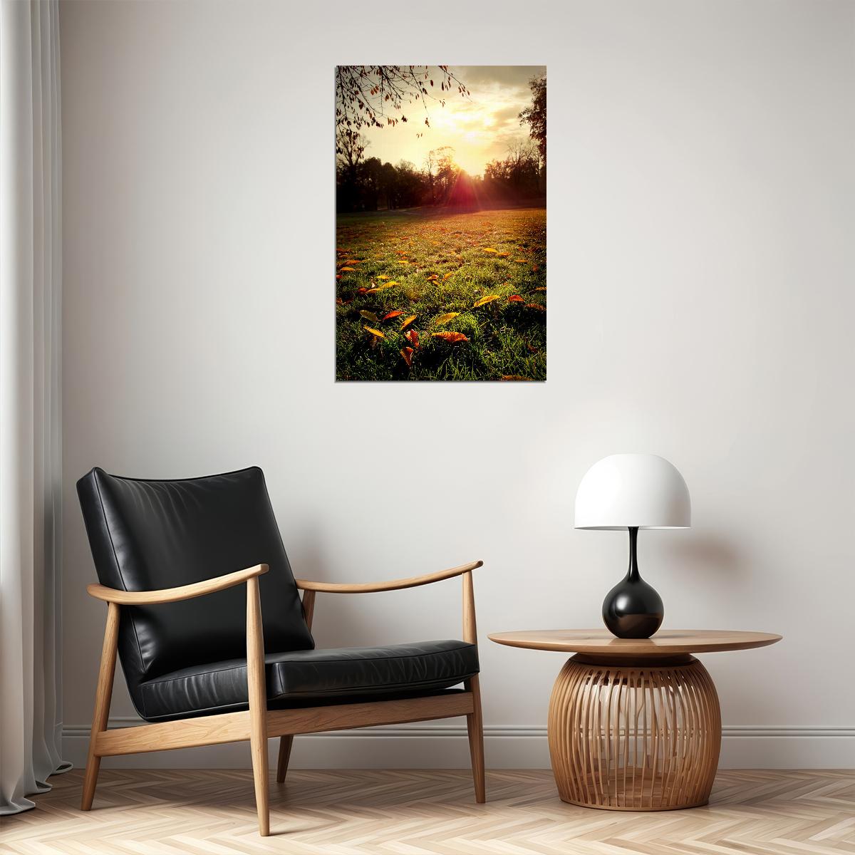 Meadow In Autumn Leaves Sunset Landscape Poster Wall Art Print Home Wall Decor - xonomax