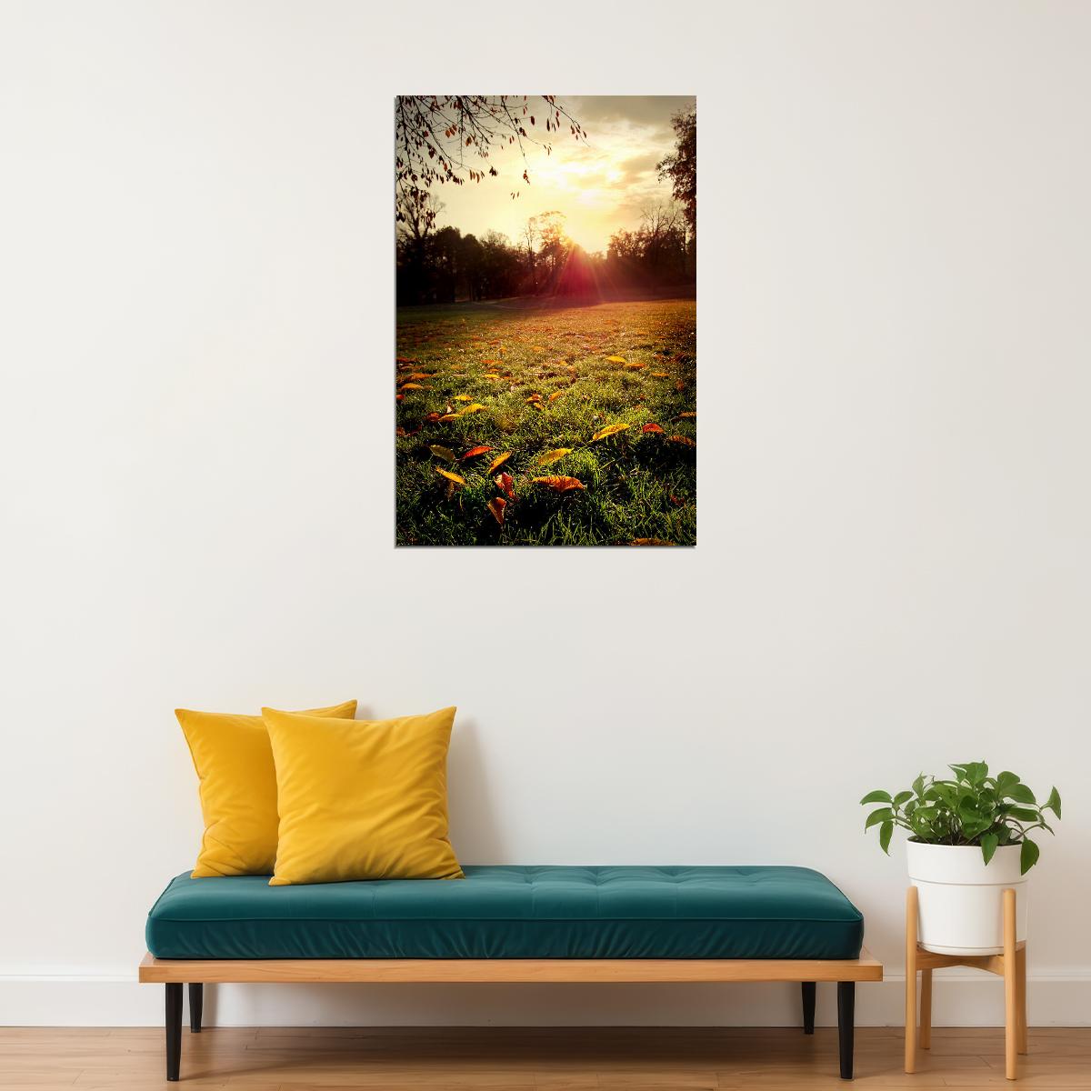 Meadow In Autumn Leaves Sunset Landscape Poster Wall Art Print Home Wall Decor - xonomax