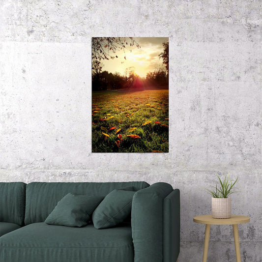 Meadow In Autumn Leaves Sunset Landscape Poster Wall Art Print Home Wall Decor - xonomax