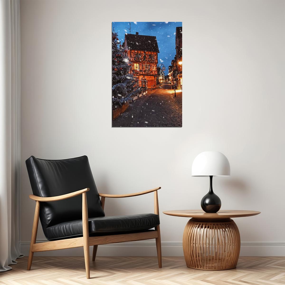 Town At Night Covered By Snow Poster Wall Art Print Home Wall Decor - xonomax