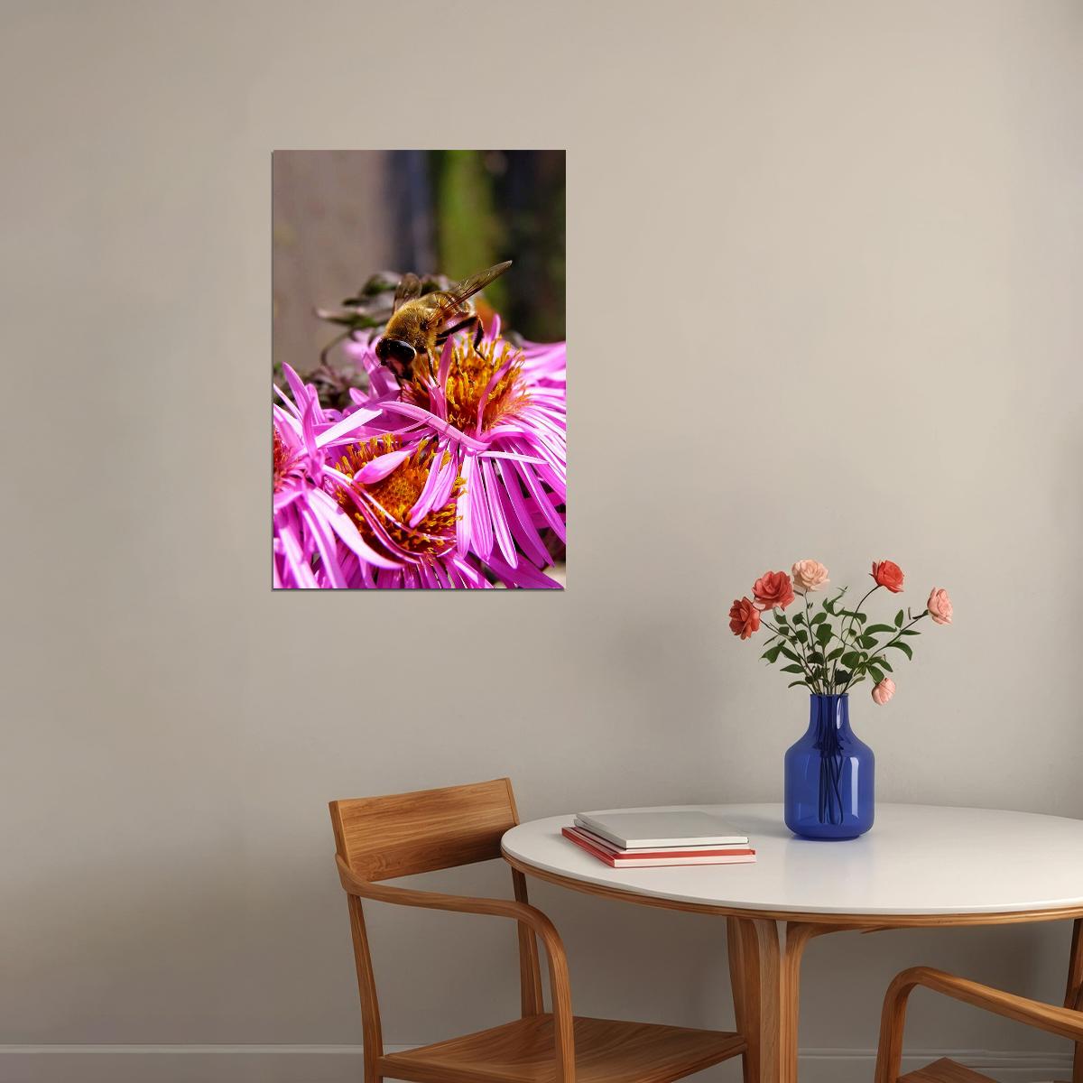 Bee Gathers Nectar From Pink Flower Poster Wall Art Print Home Wall Decor - xonomax