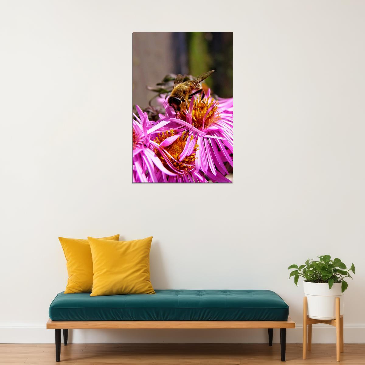 Bee Gathers Nectar From Pink Flower Poster Wall Art Print Home Wall Decor - xonomax