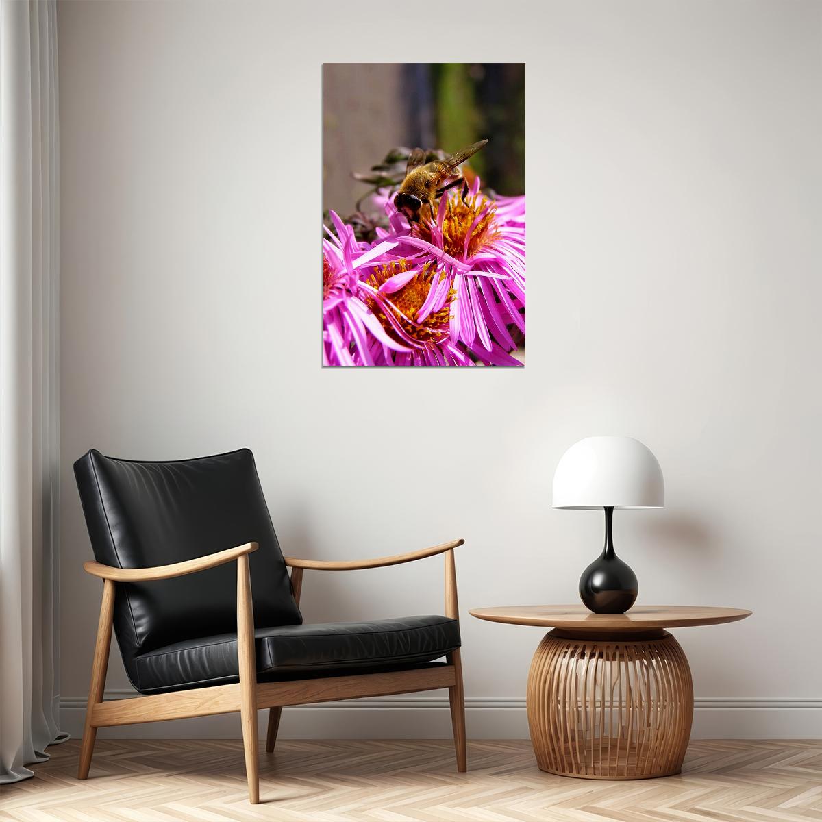 Bee Gathers Nectar From Pink Flower Poster Wall Art Print Home Wall Decor - xonomax