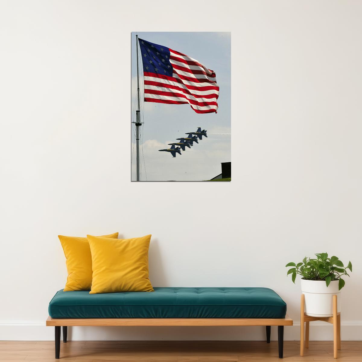 The Blue Angels Flying Over The American Flag Poster Wall Art Print Home Wall Decor - xonomax