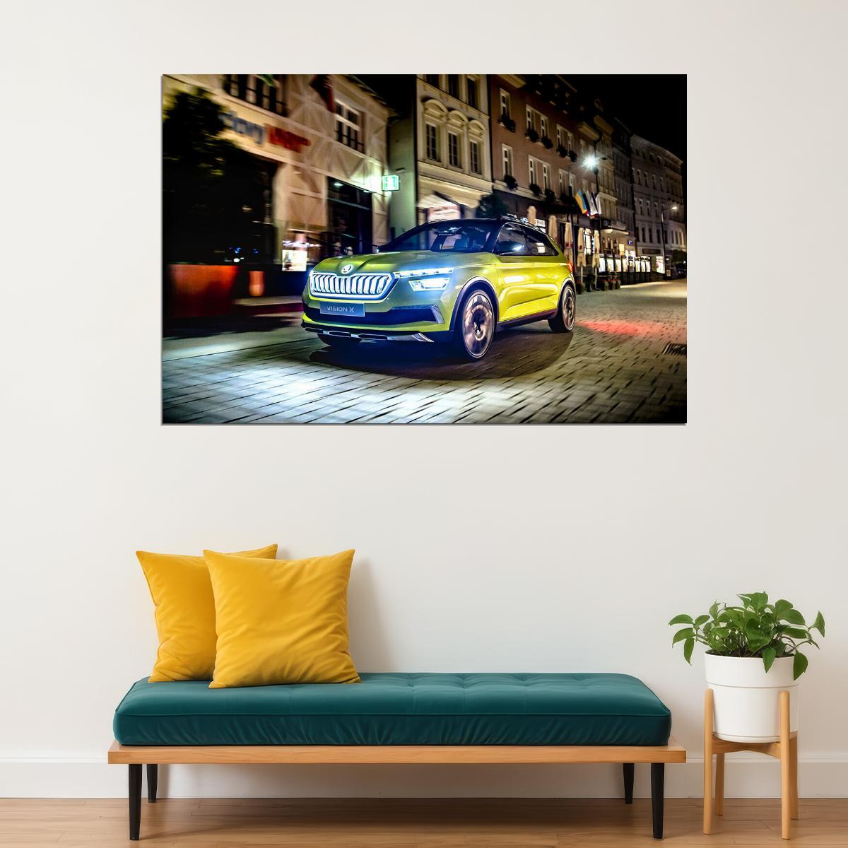 Skoda Vision X Yellow Suv Street Driving Poster Wall Art Print Home Wall Decor - xonomax