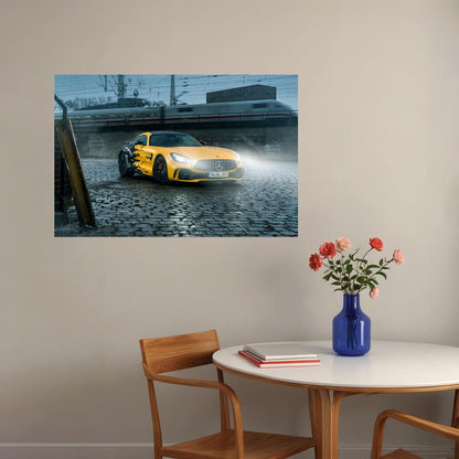 Mercedes Benz Amg Gtr Yellow Car Railway Train Poster Wall Art Print Home Wall Decor - xonomax