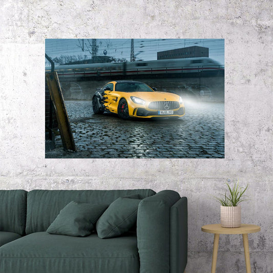 Mercedes Benz Amg Gtr Yellow Car Railway Train Poster Wall Art Print Home Wall Decor - xonomax