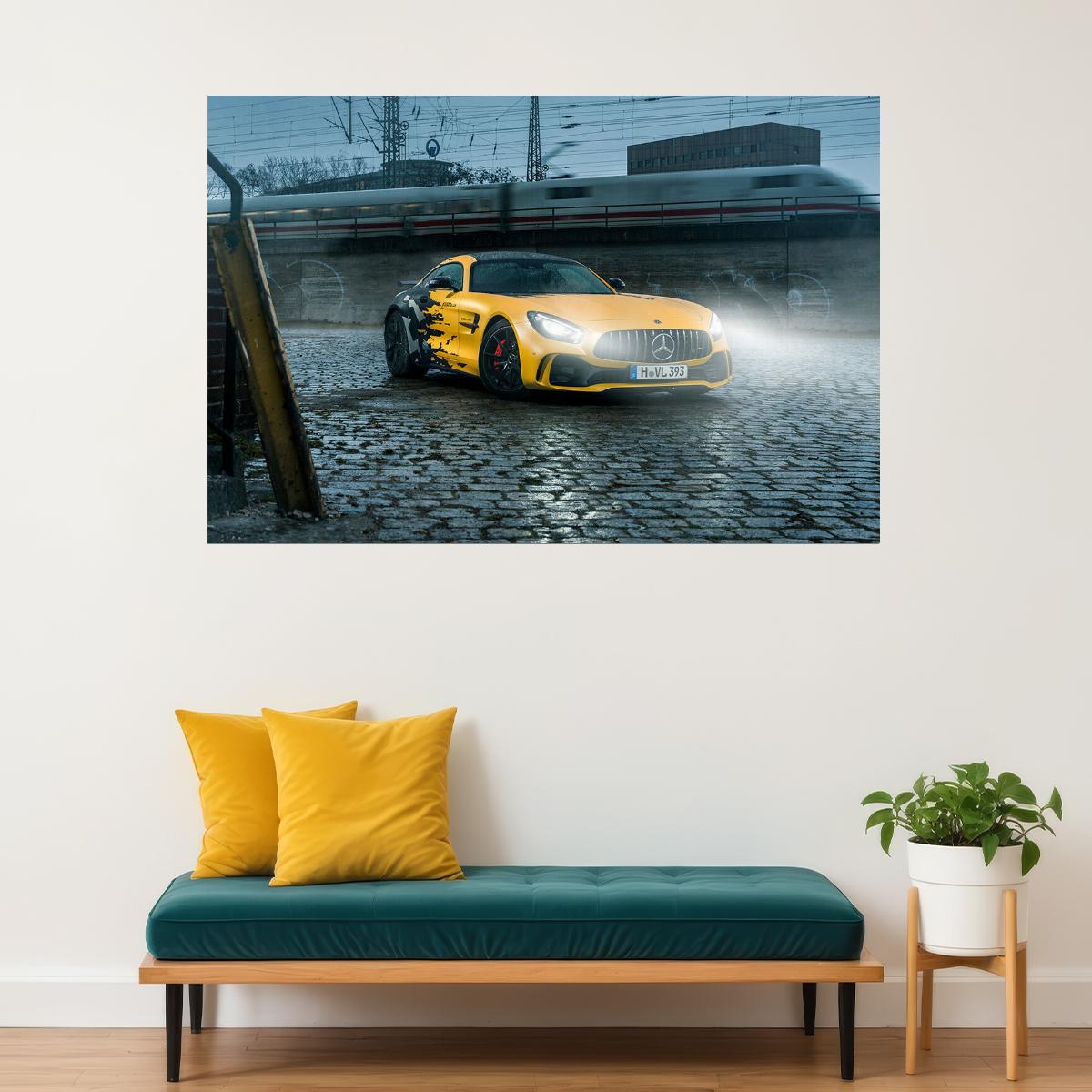 Mercedes Benz Amg Gtr Yellow Car Railway Train Poster Wall Art Print Home Wall Decor - xonomax
