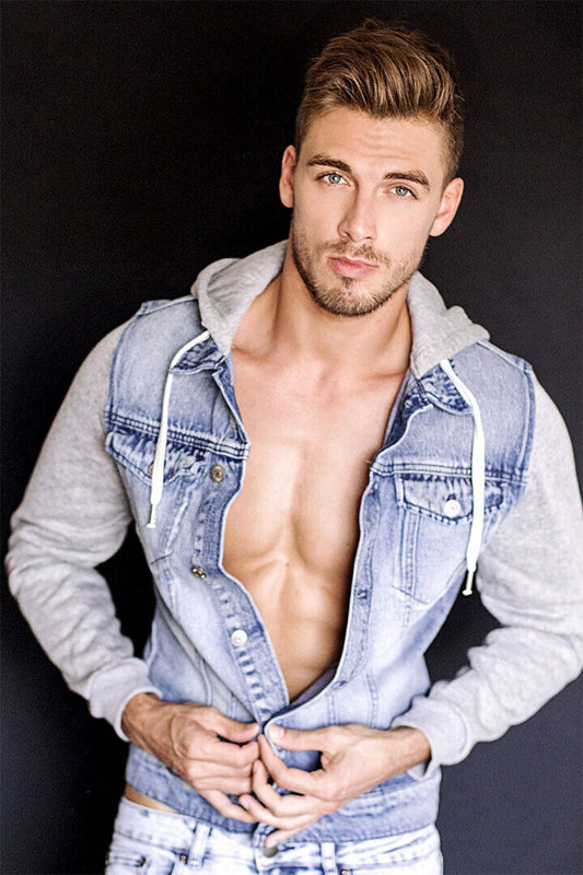 Denim Hooded Cardigan Sexy Male Model Fashion Poster Wall Art Print Home Wall Decor - xonomax